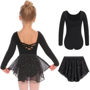 Girls Ballet Leotards Toddler Long Sleeve Crisscross Back Dance Dress Outfit with Removable Shiny Skirt Combo