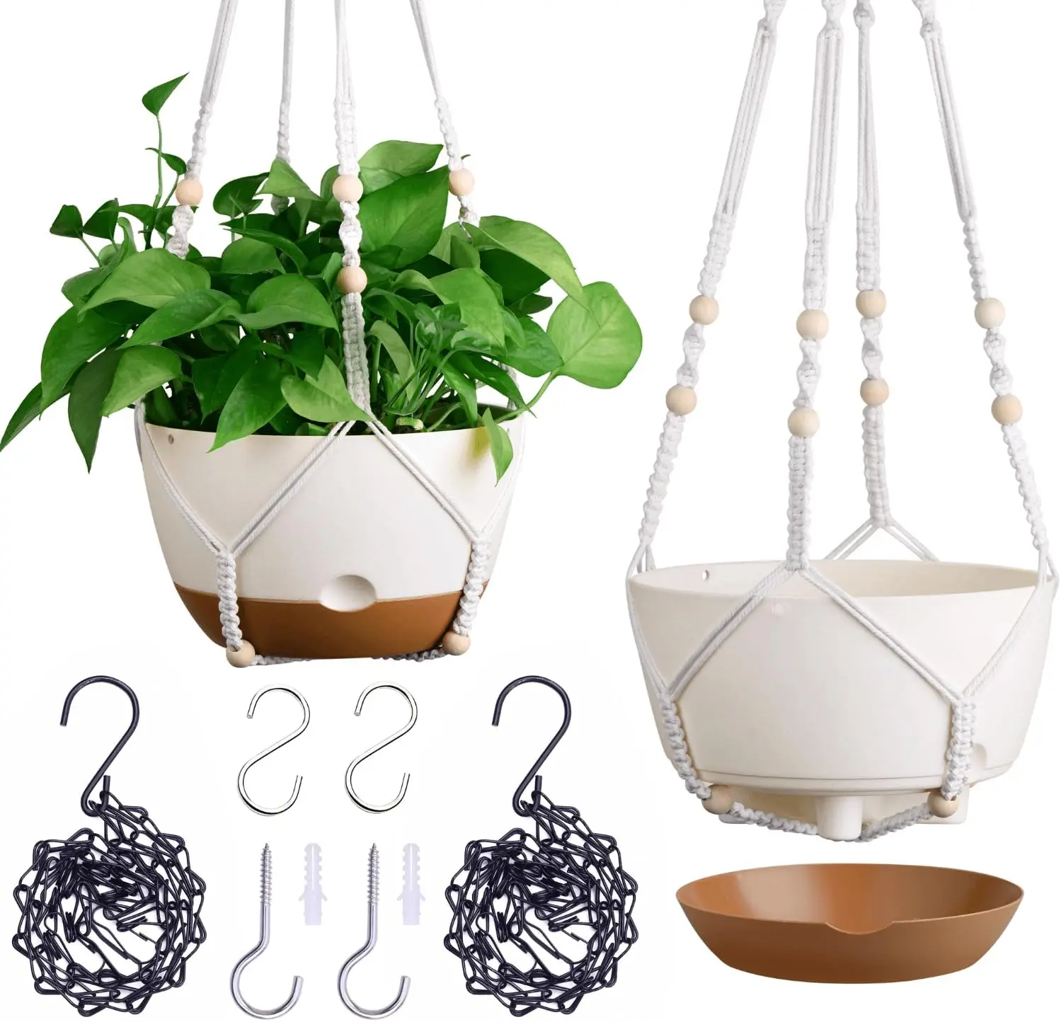 Set of 2-8 Inch Hanging Planters for Indoor  with Self-Watering Includes Hanging Pots for , Outdoor  Pot with Drainage, and 2 Types of Hanging Baskets Hangers (White)