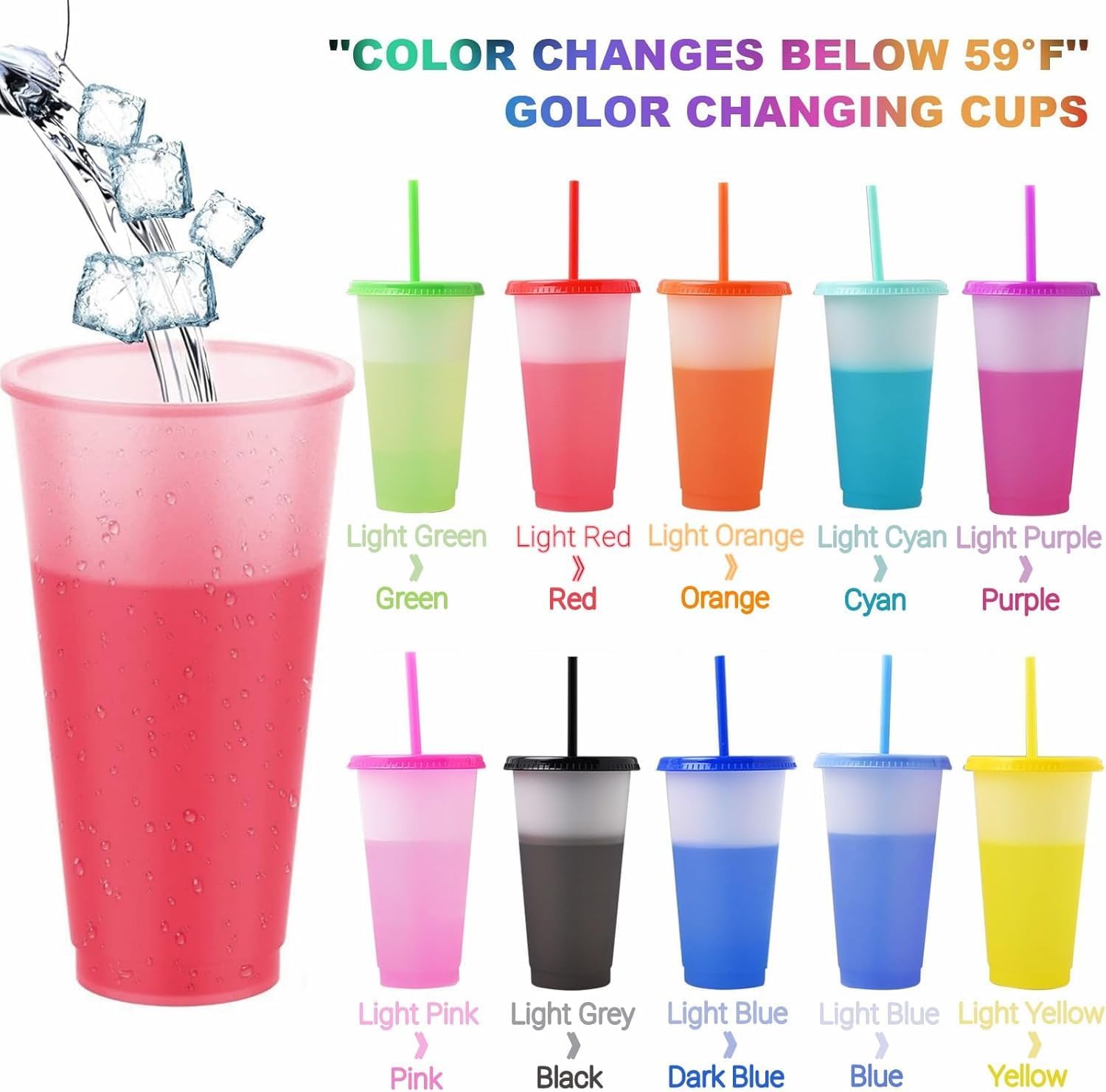 10 Pack Reusable Plastic Tumblers Bulk, 24 oz Color Changing Cups with Lids & Straws, Drink Water Cups Travel Mug Tumblers for Iced Beverage Water Smoothie Coffee Party