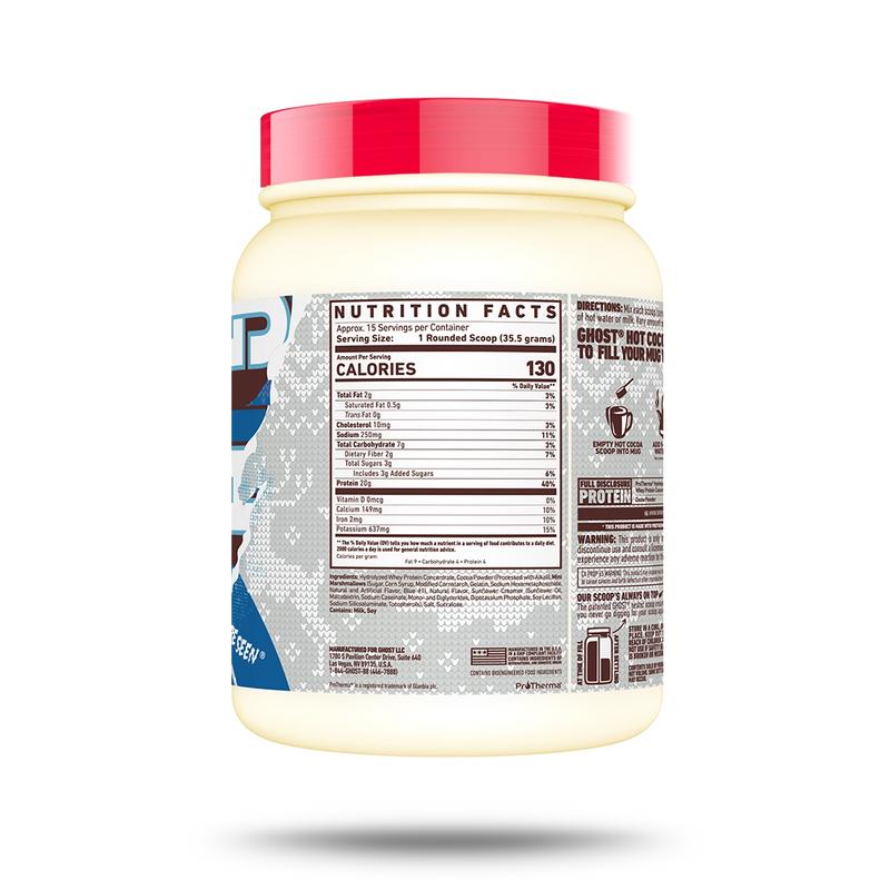 GHOST High Protein Hot Cocoa Holiday Edition 20g Protein Serving White Chocolate Peppermint Bark & Milk Chocolate Tubs Single Serve Packets