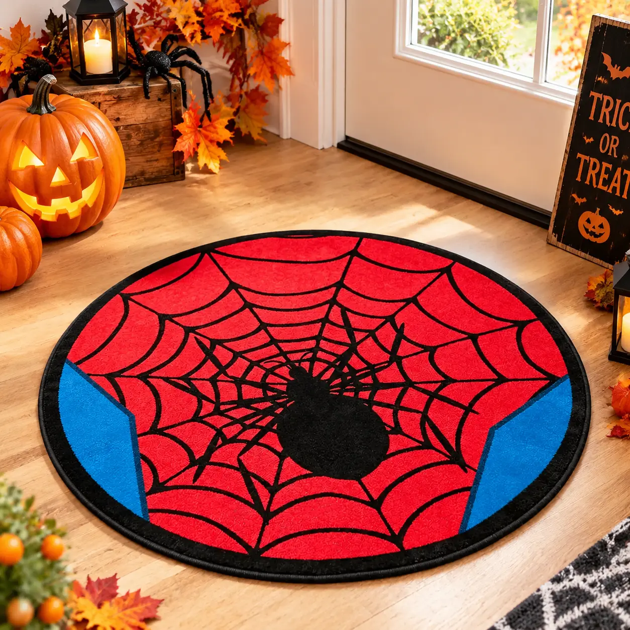 1-Piece Flannel Red-Blue-Black Spider Cartoon Anime Rug, Cozy Decorative Rug, Soft, Easy-to-Clean, Non-Slip & Washable Floor Mat. Suitable for Bedroom, Living Room. Ideal as Birthday & Holiday Gift Rug and Home Decoration