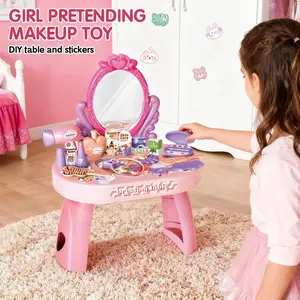 Princess Kids Dressing Table Playset with Mirror & 30 Accessories, Makeup Vanity Toy with Lights, Hair Dryer, Comb, Pretend Beauty Kit