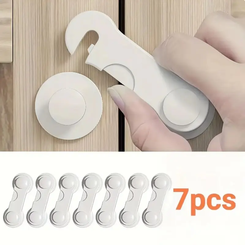 Set of 7 Sturdy Plastic Safety Protection Locks, Easy Installation No Tools Required, Convenience Long Lasting Adhesive Multipurpose Cabinet Refrigerator Door Locks, Locking Mechanism