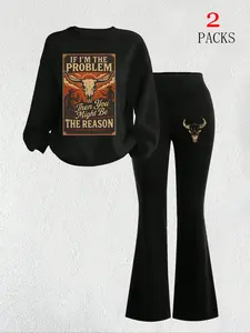 Women's Casual Warm Round Neck Knitted Sweatshirt & Slim Fit Flare Pants Set, Comfortable Letter Print Joggers with Pockets for Daily Wear Outfit