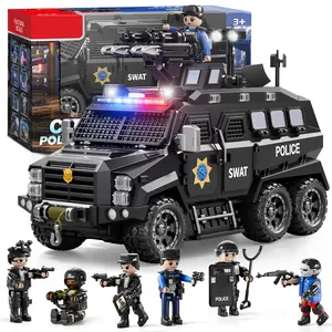 City SWAT armored police car model with built-in LED lights, complete set of tactical weapons and police gear accessories, includes police and criminal minifigures, heavy armor vehicle assembly toy suitable for boys aged 6, creative military role-play toy
