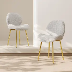 ARCH Modern minimalist white teddy velvet Dining Chairs Set of 2 with sturdy gold metal legs and comfortable backrest design, suitable for restaurants, kitchens, and offices.