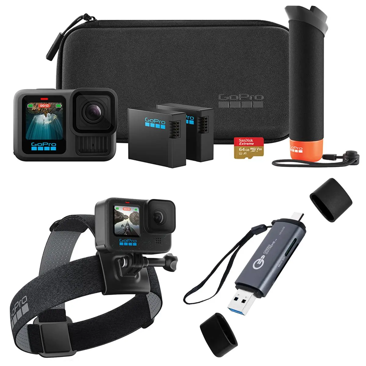 GoPro HERO13 Black Accessory Bundle - Includes The Handler, 2 Enduro Batteries, 2 Curved Adhesive Mounts, 64GB SanDisk MicroSD Card, and Carrying Case, Head Strap & Card Reader