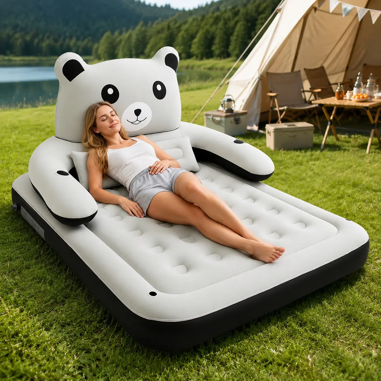 Cute Bear Theme Inflatable Backrest Bed, Cozy Air Mattress with Soft Headboard, Portable Inflatable Sofa Bed for Kids & Adults, Home Guest Room Camping Lounger (Air Pump Not Included)