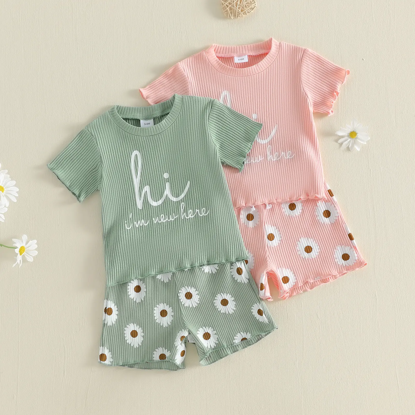 [Lullaby] Baby Girl 2Pcs Summer Outfits Short Sleeve Letter Print Tops and Daisy Shorts Set Toddler Clothes