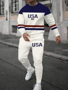 Men's Digital Print Fall Winter Two-Piece Set, Round Neck Long Sleeve Pullover & Drawstring Pants, Knit Fabric Outdoor Sports Wear, Casual Activewear