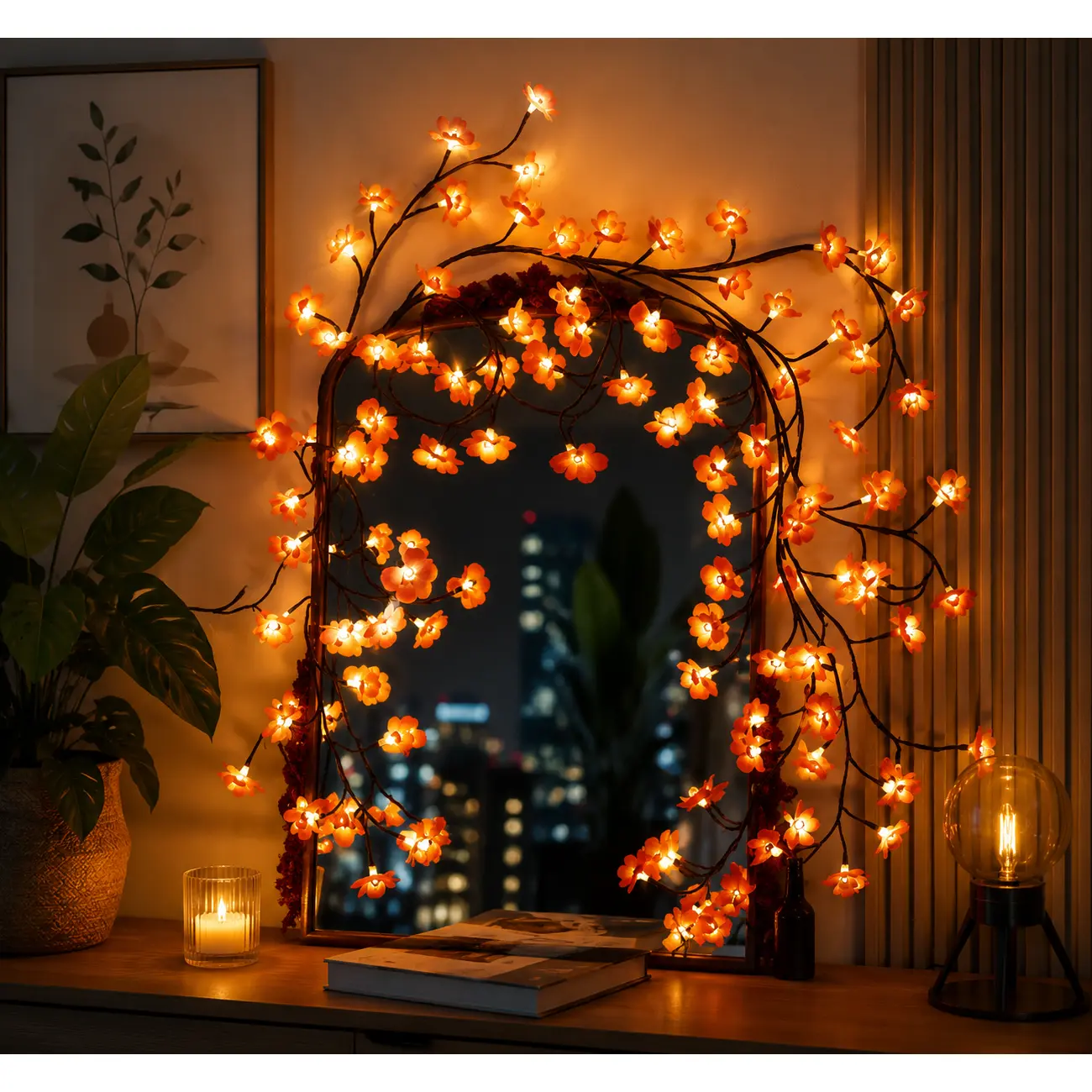 63in Charming Cherry Romantic Glow LED Decorative Twig Lights - 8 Light Modes, 72 LED Willow Blossom Flexible Vines, Timer Mode, Remote, USB Cable, Energy Efficient DIY Wall Art Branches, Indoor Holiday Wall/Door Decor, Led String Lights, Led Decoration