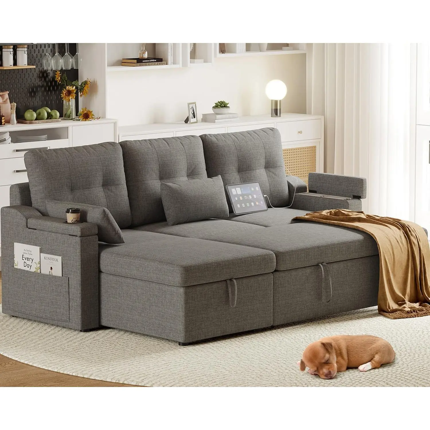 Reversible Sectional Sofa Couch – 85″ L‑Shaped Sleeper Sofa Bed with Pull‑Out Bed, Storage Chaise, USB & Type‑C Ports, Removable Backrest, Cup Holder – Modern Convertible Couch for Living Room