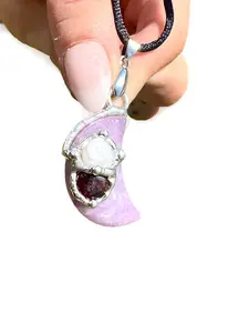 Goddess Moon Amulet Pendant with Black Satin Cord, Lepidolite, Garnet, Moonstone