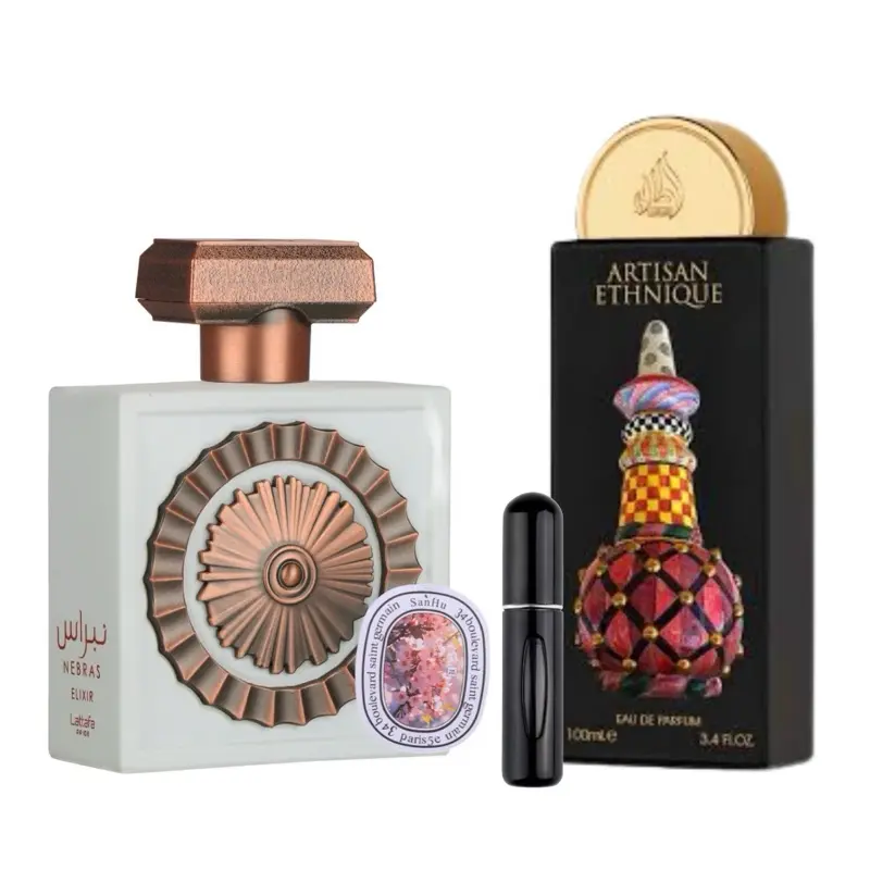 Lattafa Unisex EDP Fragrance Bundle Set - Pride Nebras Elixir + Artisan Ethnique (100ml Spray Each), 5ml Refillable Bottle, Scented Car Accessory, Cinnamon, Sugar, Cream, Rum, Caramel, Musk, Ambroxan, Wood Notes, Tonka Bean, Sugar Cane, Vanilla Scents, Mu