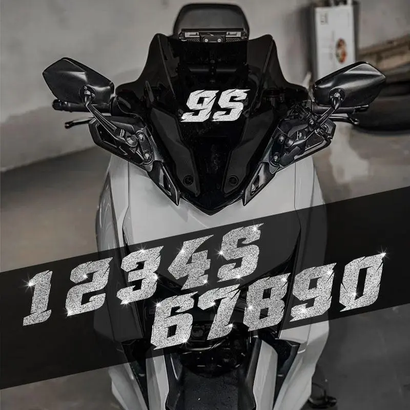 Imitation Diamond Shining Fashion Arabic Numerals Sticker Decal, Shiny 0-9 Motorbike Sticker, Motorcycle Stickers, Waterproof Decoration for Motorcycle Fuel Tank, Side Panels, Front Fairings, Car Windows