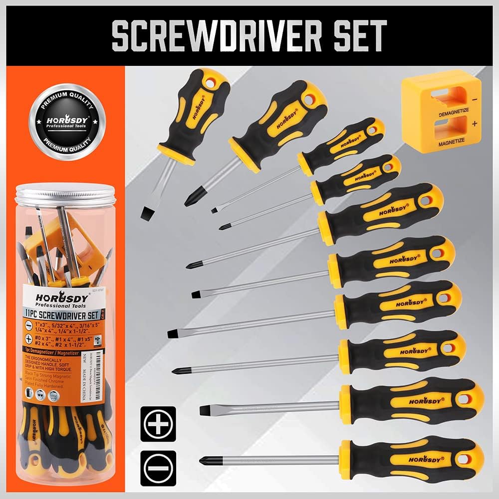 11-Pieces Magnetic Screw Driver Set with 5 Phillips and 5 Flat Head Tips for Fastening and Loosening Seized