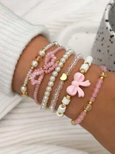 6 Piece Heart Bracelet Set, Cute Sexy Glass Bead Faux Pearl Handmade String Bracelets, Pearl Bowknot Set, Women's Bracelets, Faux Pearl Jewelry, Exquisite Trendy Bracelet, Beautiful Bracelets, Fashion Matching Bracelet