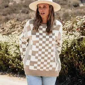 Women’s Two-Tone Checkered Print Drop Shoulder Round Neck Cozy Sweater