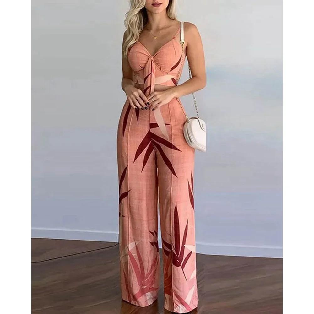 Tropical Print Spaghetti Strap Casual Lace up Back Top &High Waist Pants Set