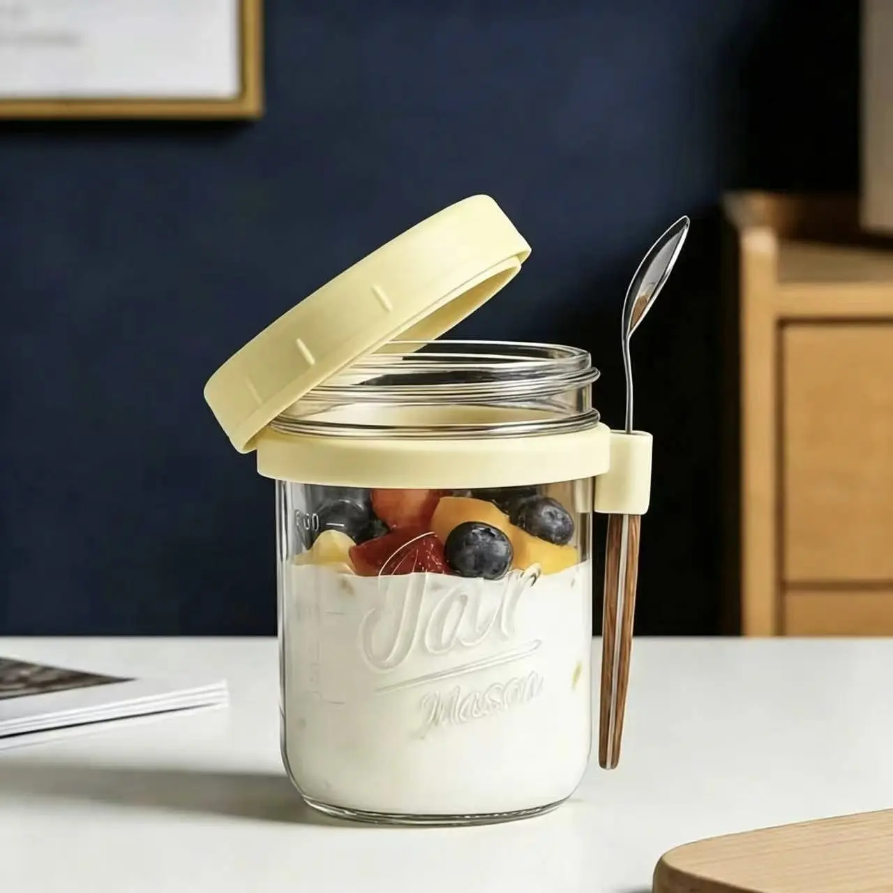 Oillase 1 Pack Yellow 16oz Glass Overnight Oats Jars with Airtight Lids & Spoons, Wide Mouth, Clear Scale,  Refrigerator & Microwave Safe, Reusable for Oatmeal, Yogurt, Cereal, Fruit, Salad, Smoothies, Ideal for Office, School, Travel & Meal Prep