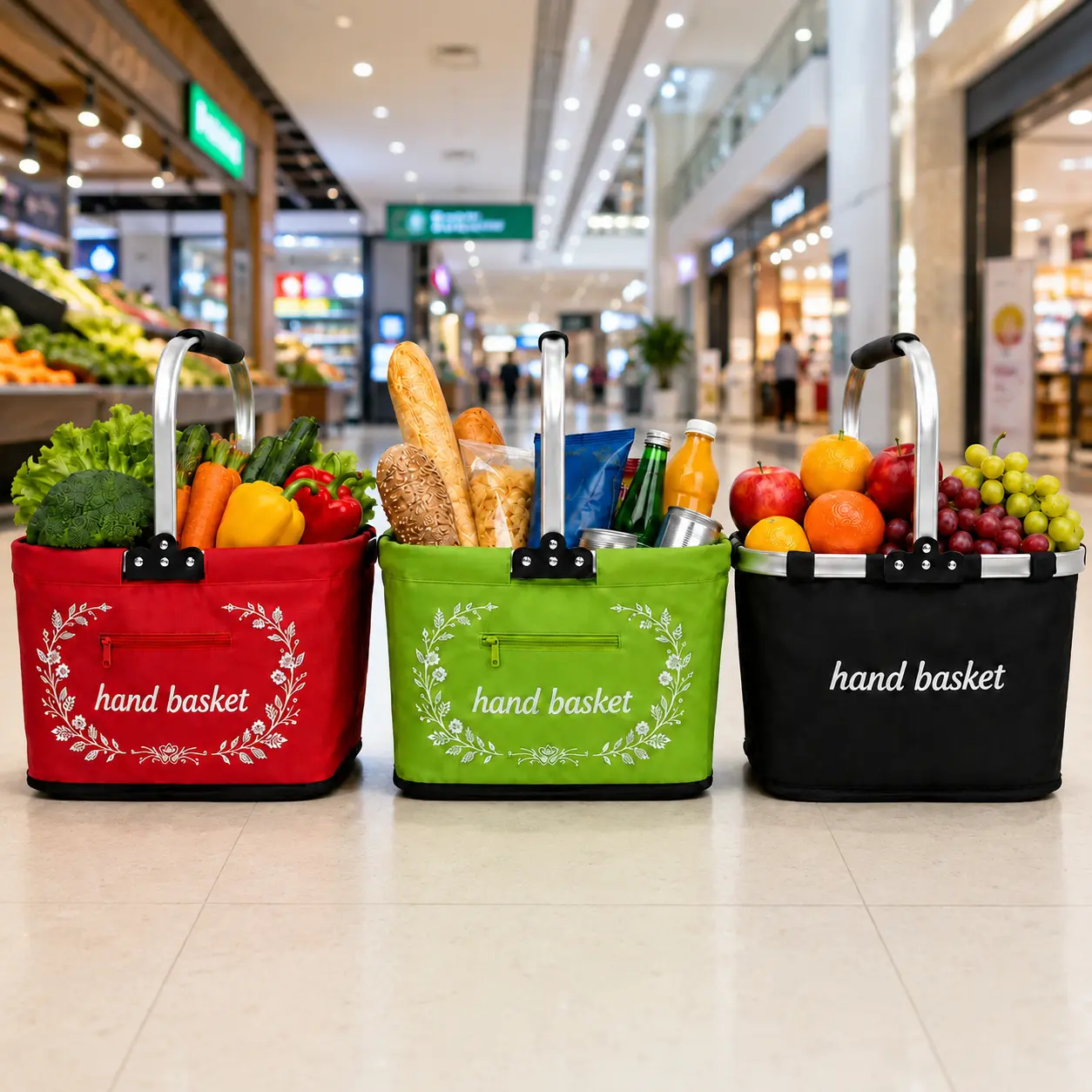 Compact Unisex Adults Foldable Aluminum-Handle Grocery Shopping Basket with Front Zipper Pocket, Reusable for Farmers Market, Picnic, Standard