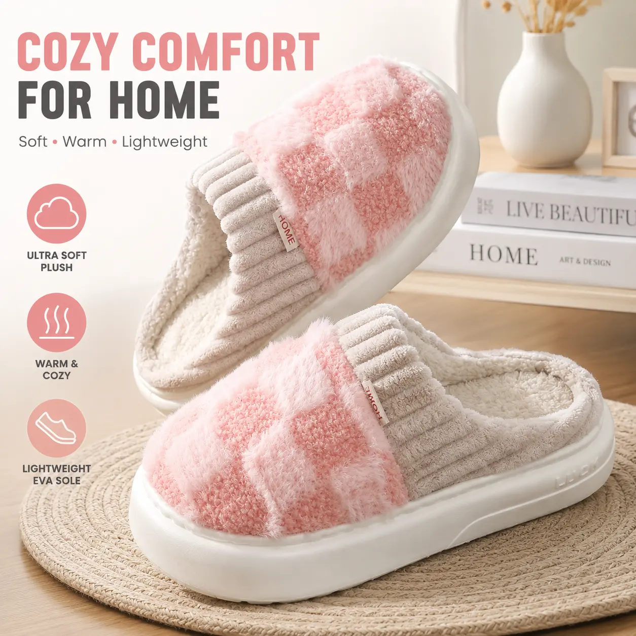 Women’s Cotton House Slippers – Soft Fluffy Cashmere Lined Indoor Slippers, Anti-Slip Warm Cozy Home Shoes, Cute Slip-On Walking Slippers for Bedroom, Office & Home Use