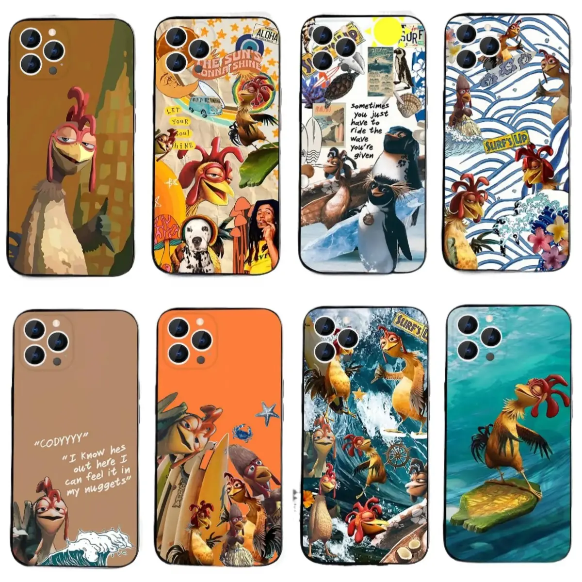Chicken J-Joe Surf Cute Funny Phone Cases For iPhone 17 Promax Pro Air 16 Plus 15 14 13 12 11 Black Soft TPU Shockproof Protective Cover Gift For Birthday Christmas Halloween, Smartphone, Handheld