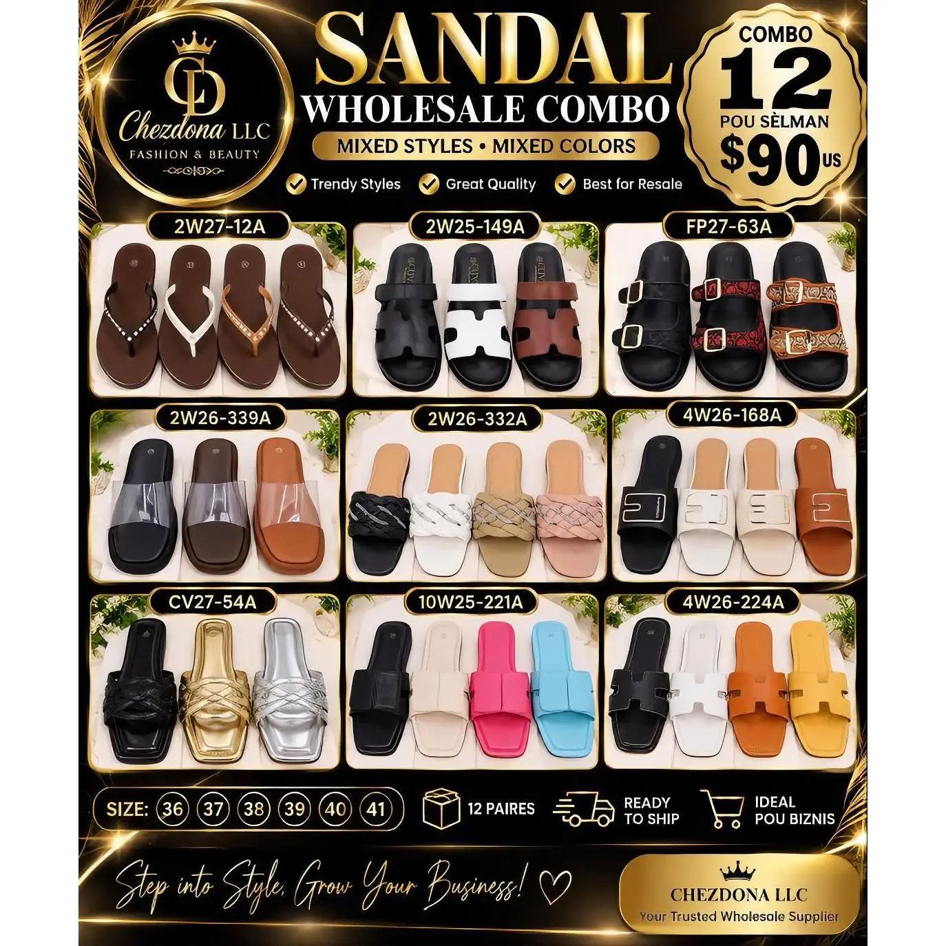 Chezdoma LLC Sandal Wholesale Combo 12 Pairs Mixed Styles & Colors 2W27-12A 2W25-149A FP27-63A 2W26-339A 2W26-332A 4W26-168A CV27-54A 10W25-221A 4W26-224A Size 36-41 Ready to Ship