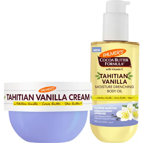 Palmer's Cocoa Butter Formula Tahitian Vanilla Moisture Drenching Body Cream & Oil Set for Deeply Moisturized Hydrated Glowing Skin