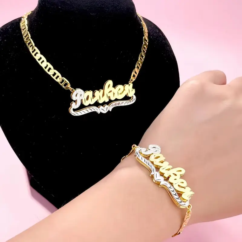 18K Gold Plated Double Nameplate Necklace & Bracelet Set