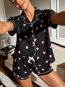 Women's Two-Piece Pajama Sleepwear Set, Heart Full Print, Bow Detail, Loose Fit, Cute Style, All Seasons