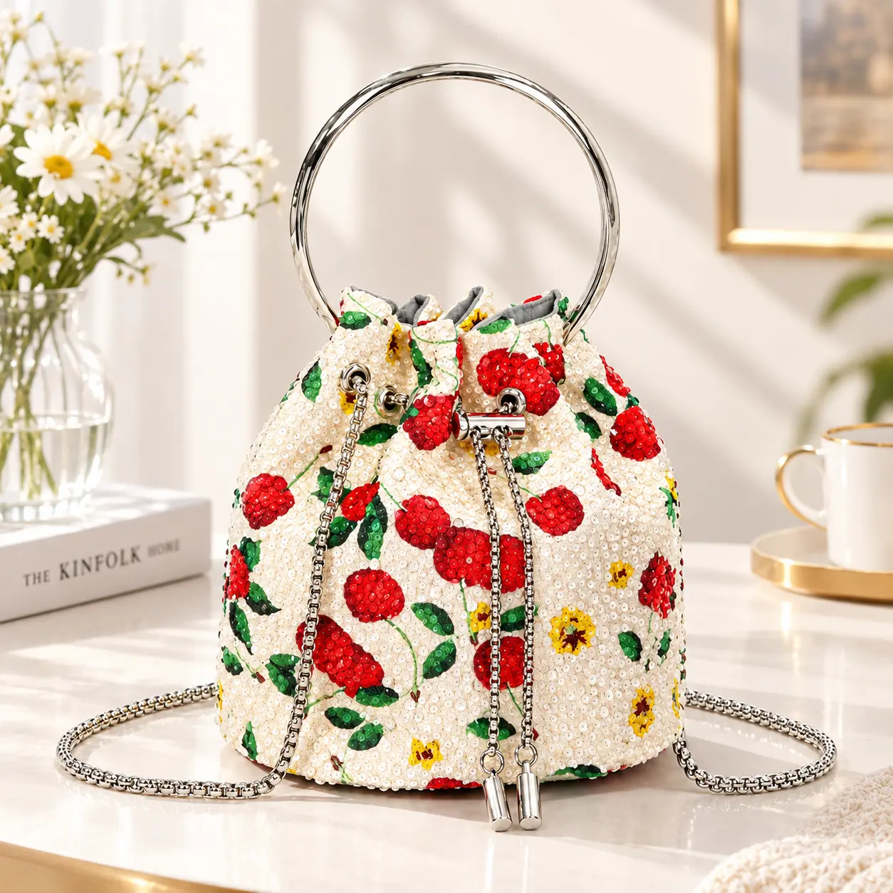 Women Beaded Cherry Print Bucket Handbag, Drawstring Mini Purse with Metal Ring Top Handle and Detachable Chain Strap, Casual Party Crossbody Shoulder Bag for Wedding Dating Daily Outfit