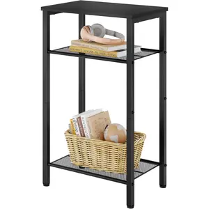 Three-tier side table, phone table, high-legged side table with storage function, suitable as a small bedside table for small spaces, metal frame, suitable for living room, bedroom, sofa, hallway, easy to assemble, black