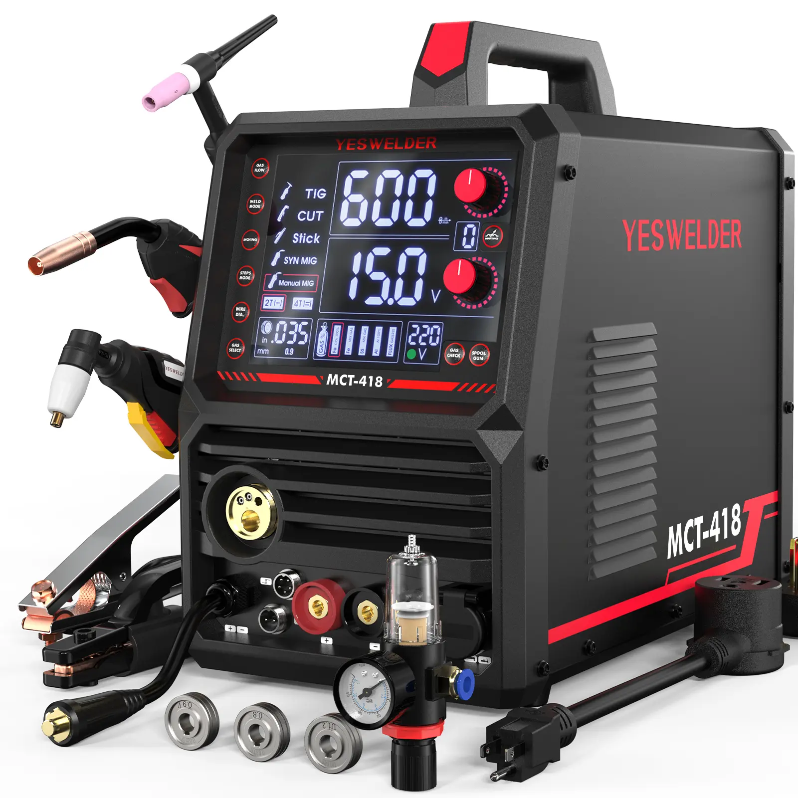 YES-HJ-MCT-418 Multifunctional Welders Combo&Plasma Cutter, 6-In-1 MIG/Flux Core MIG/CUT/TIG/Stick/Spool Gun Compatible, 180A MIG/TIG/Stick & 40A CUT, 110V/220V MCT418 YES-HJ-MCT-418 Multifunctional Welders Combo&Plasma Cutter, 6-In-1 MIG/Flux Core MIG/CUT/TIG/Stick/Spool Gun Compatible, 180A MIG/TIG/Stick & 40A CUT, 110V/220V MCT418