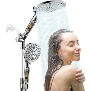 Dual Shower Heads with Handheld Spray Combo, 7.5" Big Filtered Double Shower  for Hard Water, 9 Modes Waterfall Rain Shower  High  with Long Hose & Adjustable Bar (Chrome)
