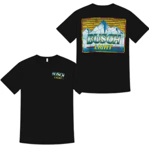 [Busch Light] Retro Mountain Sunset Logo Graphic T-Shirt, Vintage Outdoor Beer Inspired Design for Nature Lovers & Campers, Perfect for Hiking Trips & Summer Adventures, Gift For Men