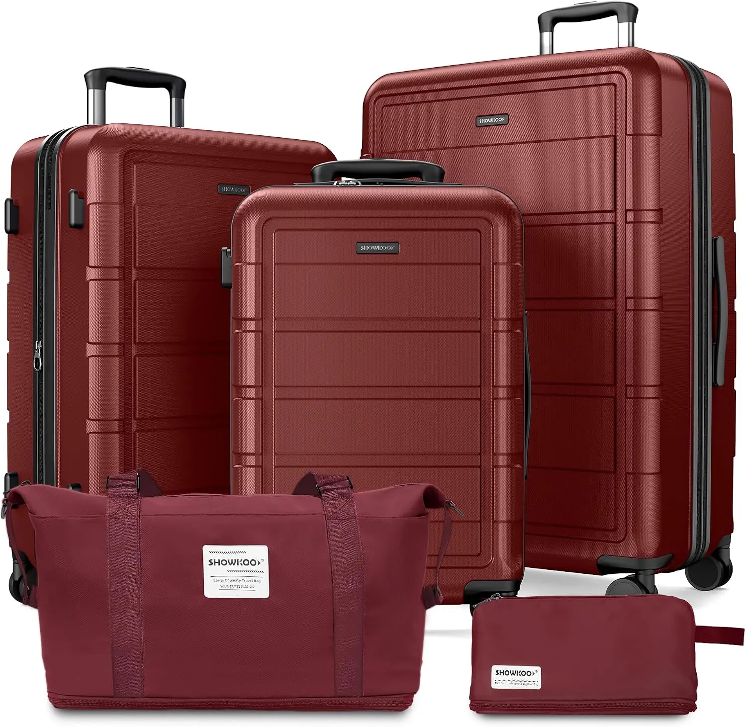 SHOWKOO Luggage Set 5 Piece with TSA Lock and 4 Spinner Wheels, 20/24/28in Hardshell Suitcase Sets with Matching Travel Bags, Durable PC Carry On Luggage Set, Expandable, YKK Zipper, for Travel, Family Set sohochic
