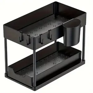 2-Tier Plastic Under-Sink Storage Box Set with Integrated Sliding Basket Drawers and Removable Hooks, Ideal for Bathroom and Kitchen Organization, Bathroom Organizer, Bathroom Organizing Accessories