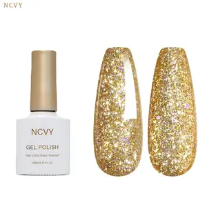 NCVY Gold Glitter Gel Nail Polish, 10ml/0.35oz Nail Polish, long-lasting formula with LED curing, salon quality, perfect for DIY at home, ideal gift for Valentine's Day and spring/summer, safe formula free of HEMA, Nail Art