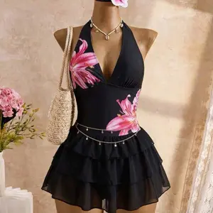Traje de baño con falda para mujer con estampados y puntos diseño de escote en V  y espalda descubierta Summer Talla S-M-L-XL