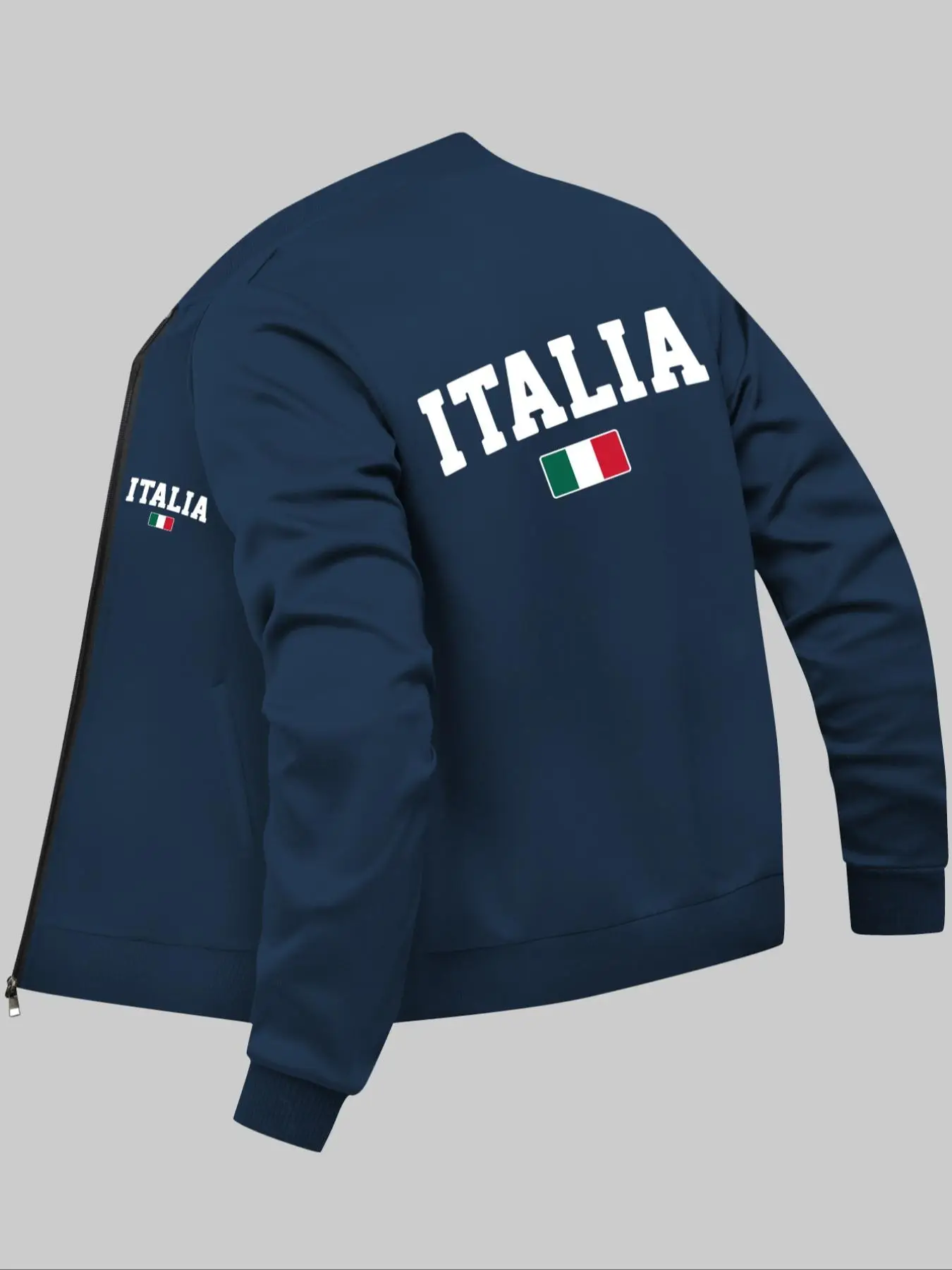 Men's Italy Flag & Letter Print Zip Up Jacket, Regular Fit Casual Long Sleeve Mock Neck Outerwear for Daily Wear, Men's Clothes for All Seasons