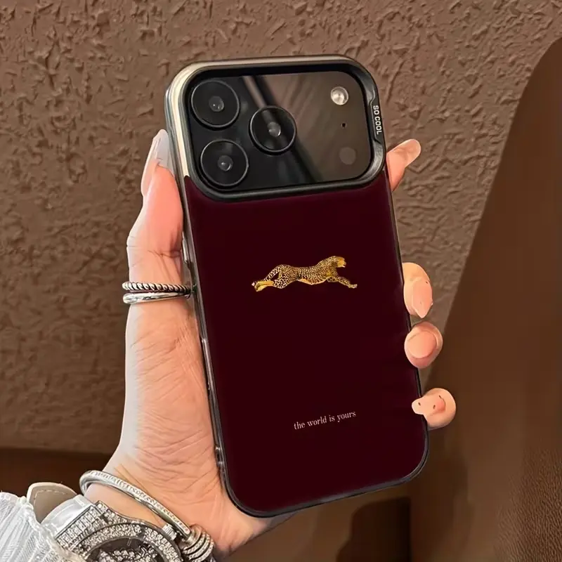 HoloFrame  Burgundy Wine Red Leopard Phone Case for iPhone 17 16 15 14 13 12 11 Pro Max, Quiet Luxury Flat Print Golden Cheetah Design Protective Cover
