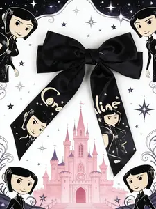 Coraline Big Bow Hair Clips with Ribbons - Spooky Cute Printed Design, Perfect Hair Accessories for Kids & Fans, Ideal Gift for Girls