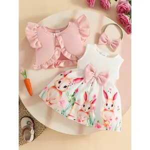 Cute Baby Girl Bunny Pattern Sleeveless Dress with Short Cardigan and Bow Hairband |   Perfect for Easter Parties, 0-3 Years, for Outdoor