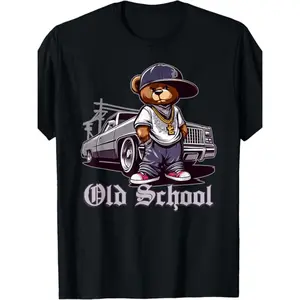 Summer t Shirts 100 made in usa 180 school hip hop teddy bear lowrider chicano cute t shirt black -1