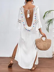 Women's Crochet Trim Tie Backless Cover Up, Casual Loose Split Thigh Cover Up Dress, Summer Dresses, Summer Swimming Cover Up, Women's Summer Beachwear, Crochet Bikini Coverups, Womenswear, Swimwear Coverups, Swimsuit Cover Up, Beach Cover Ups