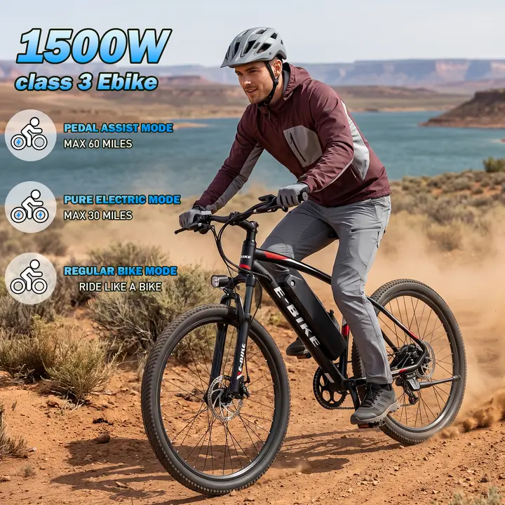 VIPLAT 26-Inch Adult Electric Bike, 1500W Peak Motor, 25MPH Max Speed, 40-60 Mi Range, 48V 12Ah Removable Battery, UL2849 Certified, Fat Tires, LED Light for Commuting, Trail Riding, Back to School Haul, High-Carbon Steel