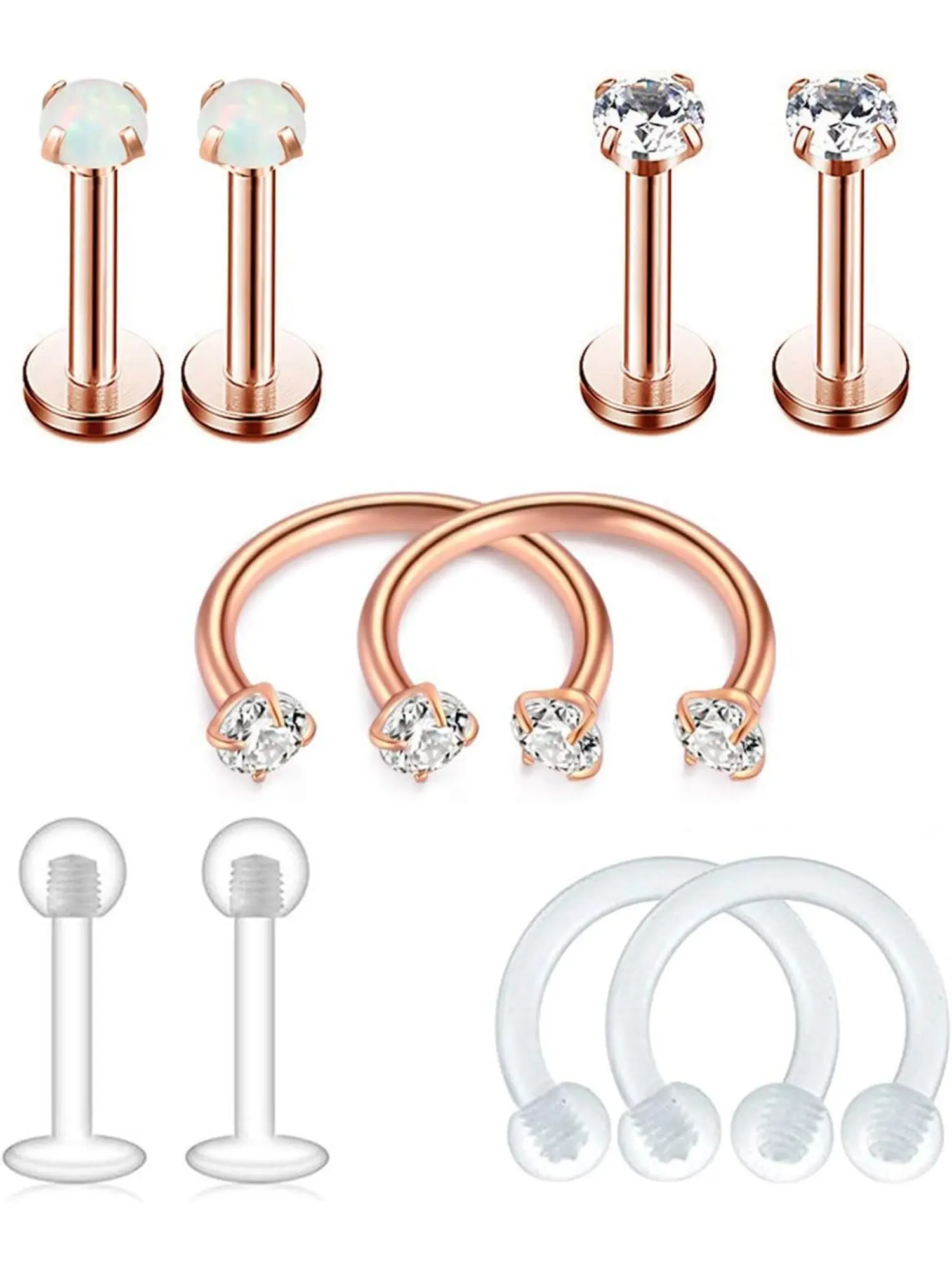 5 Pairs of Stainless Steel Cartilage Earrings Earrings Horseshoe Hoop Nose Ring Navel Piercing Jewelry Opal Zircon Inlaid Rose Gold Tone