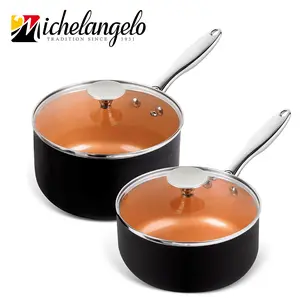 MICHELANGELO Nonstick 1Qt & 2Qt Copper Sauce Pan Set with Lid, Small Pot with Lid, Ceramic Nonstick Saucepan Set, Small Sauce Pots Cookware