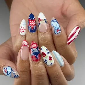 milo.nail&care Retro Picnic 4th Of July Press-On Nails, Strawberry Blueberry Gingham Art, Cowboy Boot Accent Design, Glossy Americana Summer Nail Set